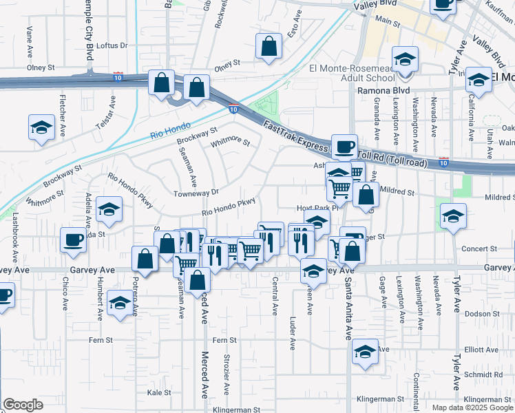 map of restaurants, bars, coffee shops, grocery stores, and more near 10123 Rio Hondo Parkway in El Monte