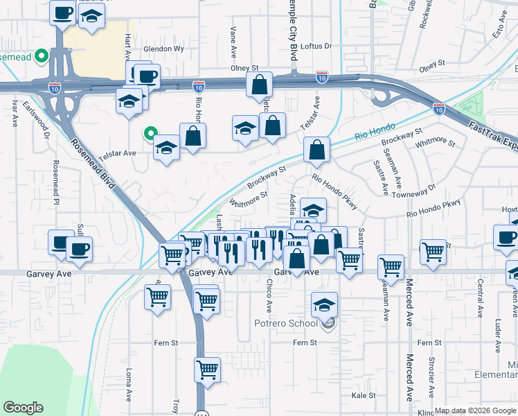 map of restaurants, bars, coffee shops, grocery stores, and more near 3209 Chico Avenue in El Monte