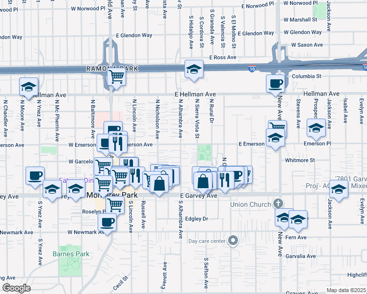 map of restaurants, bars, coffee shops, grocery stores, and more near 417 East Emerson Avenue in Monterey Park