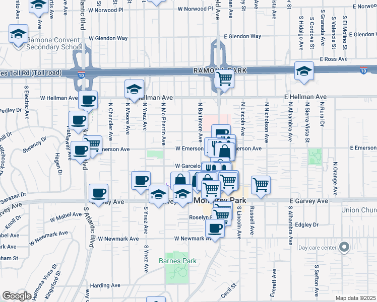 map of restaurants, bars, coffee shops, grocery stores, and more near 401 North Baltimore Avenue in Monterey Park