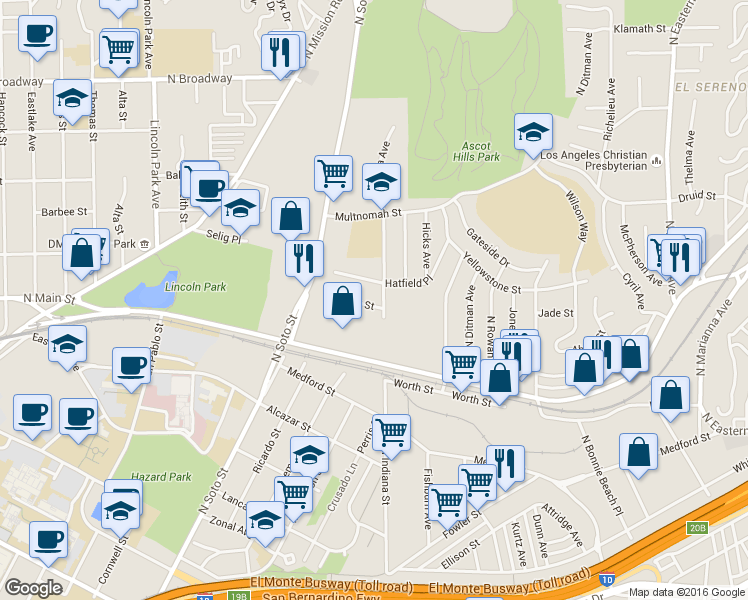 map of restaurants, bars, coffee shops, grocery stores, and more near 2000 North Indiana Avenue in Los Angeles
