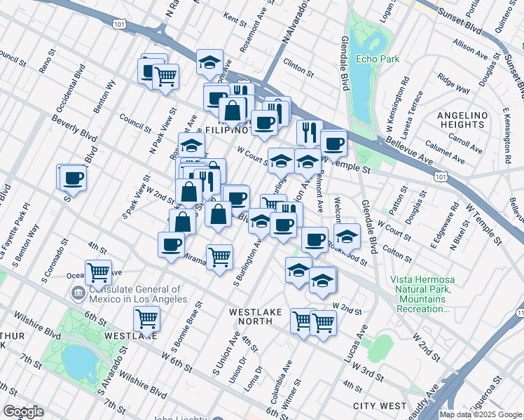 map of restaurants, bars, coffee shops, grocery stores, and more near 129 North Bonnie Brae Street in Los Angeles
