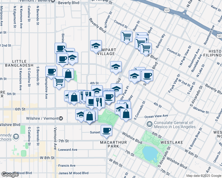 map of restaurants, bars, coffee shops, grocery stores, and more near 400 South Hoover Street in Los Angeles