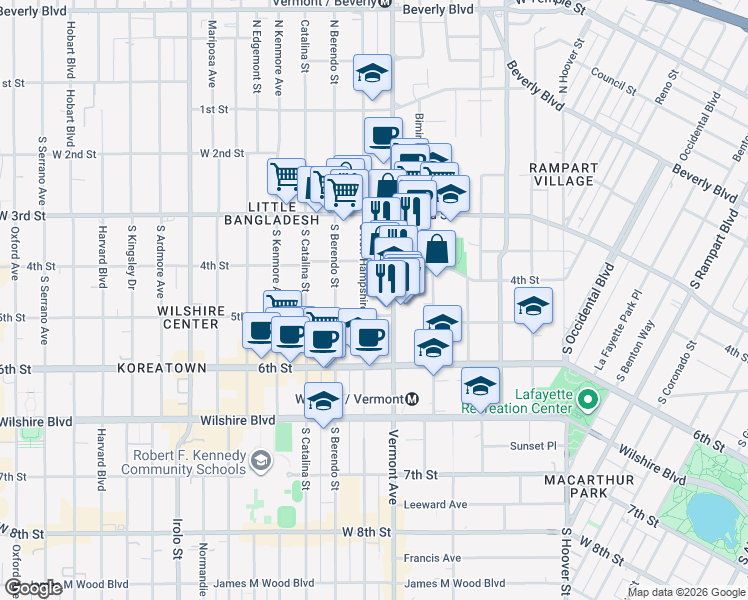 map of restaurants, bars, coffee shops, grocery stores, and more near 433 South New Hampshire Avenue in Los Angeles