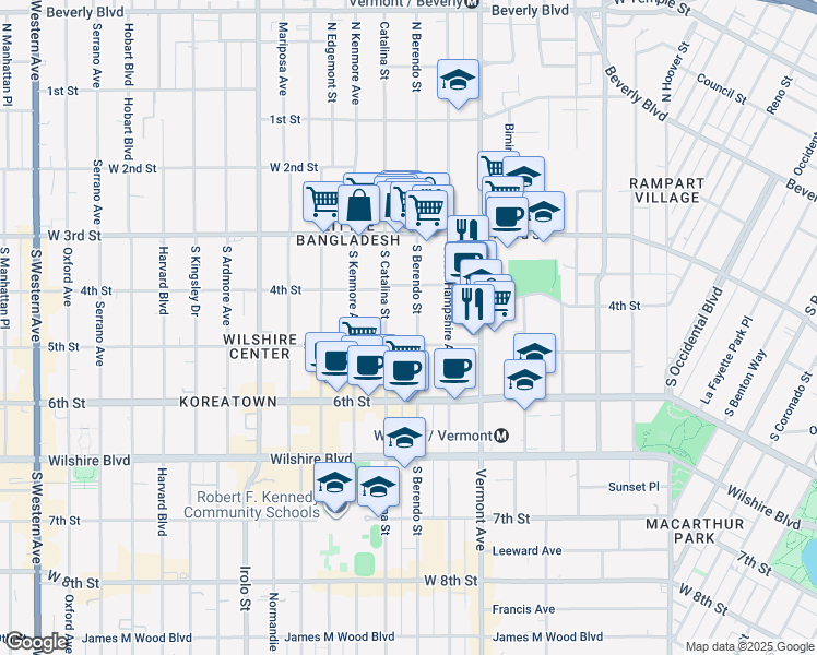 map of restaurants, bars, coffee shops, grocery stores, and more near 433 South Berendo Street in Los Angeles