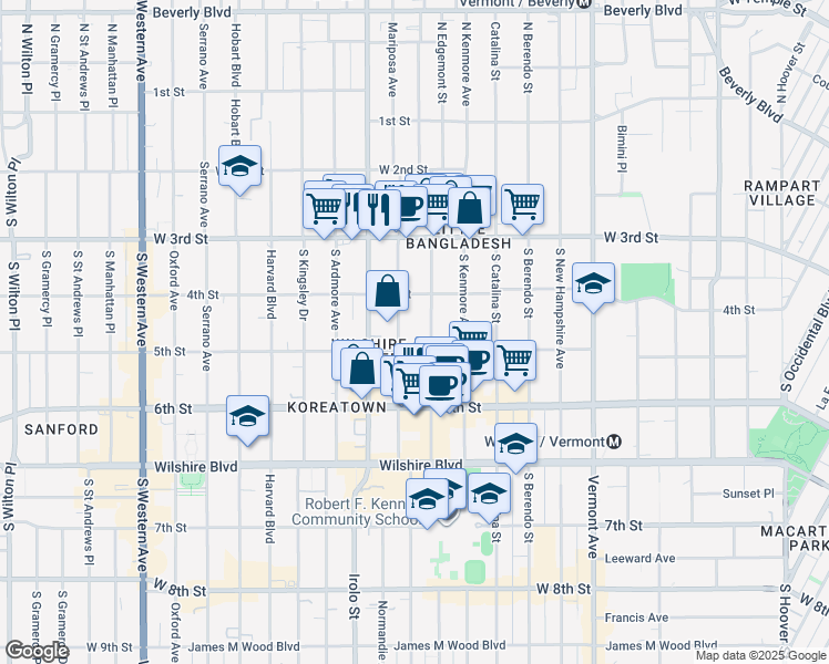 map of restaurants, bars, coffee shops, grocery stores, and more near 416 South Mariposa Avenue in Los Angeles