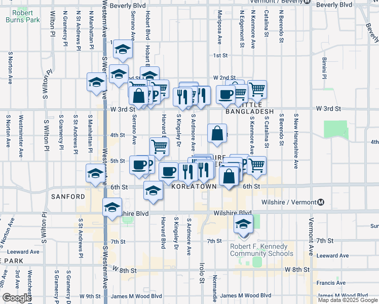 map of restaurants, bars, coffee shops, grocery stores, and more near 401 South Ardmore Avenue in Los Angeles