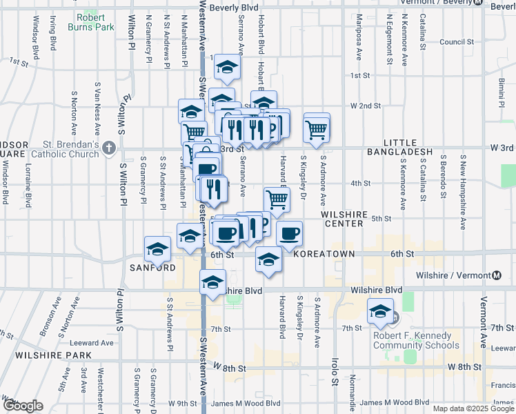 map of restaurants, bars, coffee shops, grocery stores, and more near 433 South Hobart Boulevard in Los Angeles