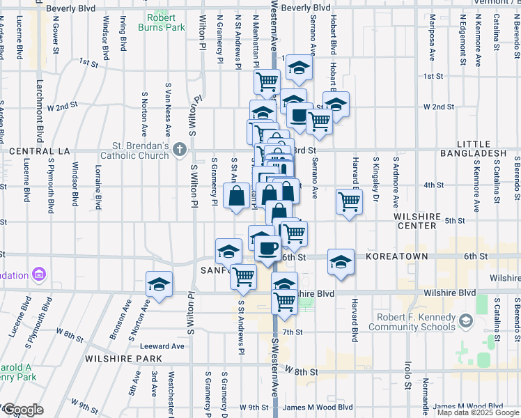 map of restaurants, bars, coffee shops, grocery stores, and more near 450 South Western Avenue in Los Angeles