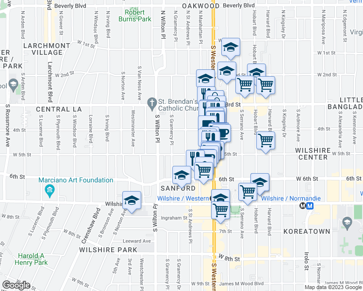 map of restaurants, bars, coffee shops, grocery stores, and more near 420 South Gramercy Place in Los Angeles