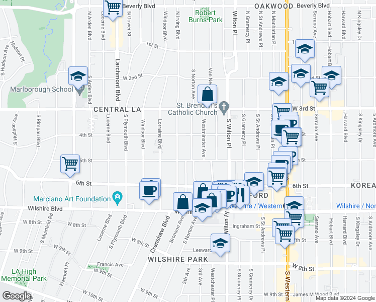 map of restaurants, bars, coffee shops, grocery stores, and more near 416 South Norton Avenue in Los Angeles