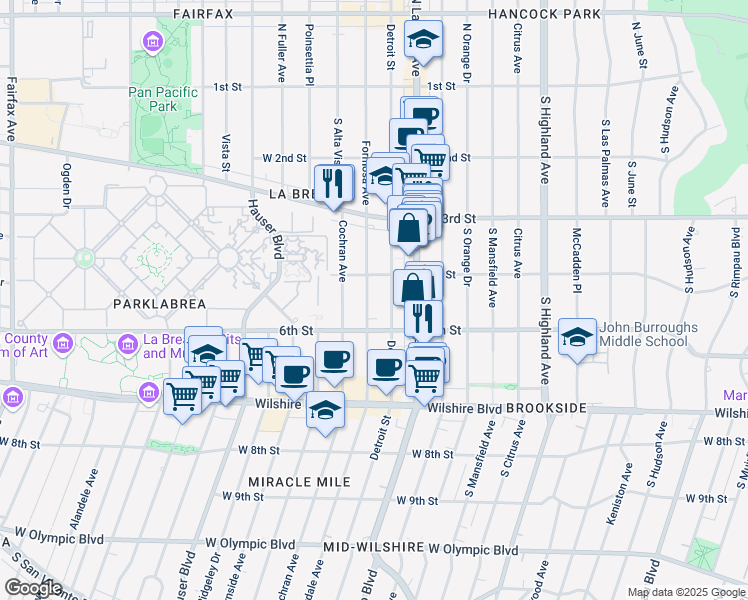map of restaurants, bars, coffee shops, grocery stores, and more near 415 South Detroit Street in Los Angeles