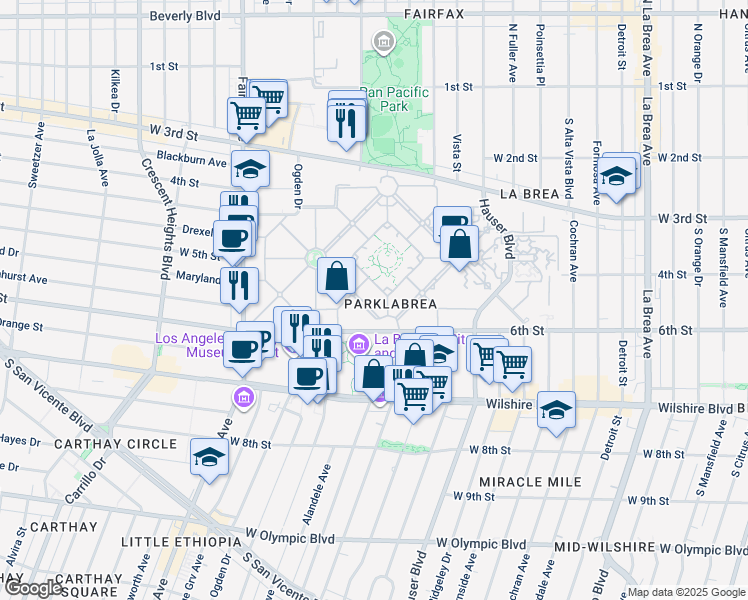 map of restaurants, bars, coffee shops, grocery stores, and more near 509 South Curson Avenue in Los Angeles