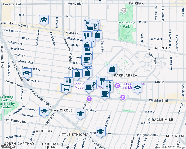 map of restaurants, bars, coffee shops, grocery stores, and more near 581 South Orange Grove Avenue in Los Angeles