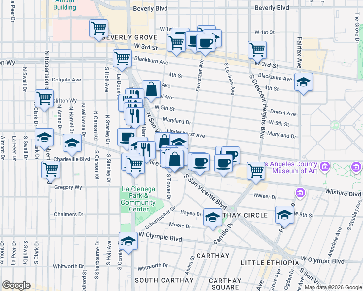 map of restaurants, bars, coffee shops, grocery stores, and more near 6641 West 6th Street in Los Angeles