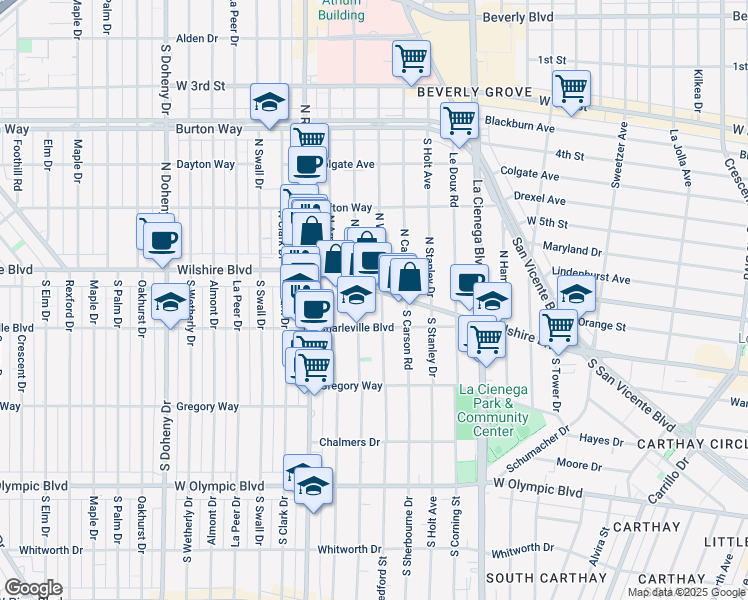 map of restaurants, bars, coffee shops, grocery stores, and more near 86 South Hamel Drive in Beverly Hills