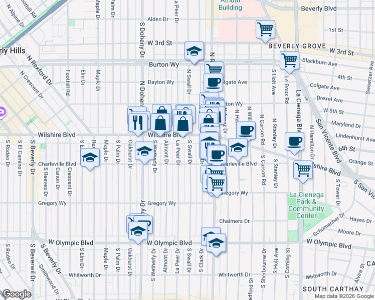 map of restaurants, bars, coffee shops, grocery stores, and more near 121 South Swall Drive in Beverly Hills