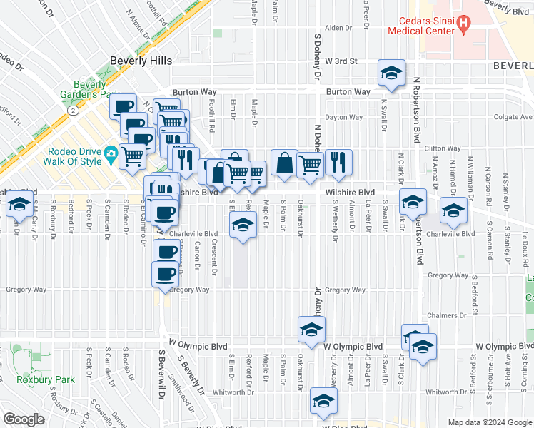map of restaurants, bars, coffee shops, grocery stores, and more near in Beverly Hills