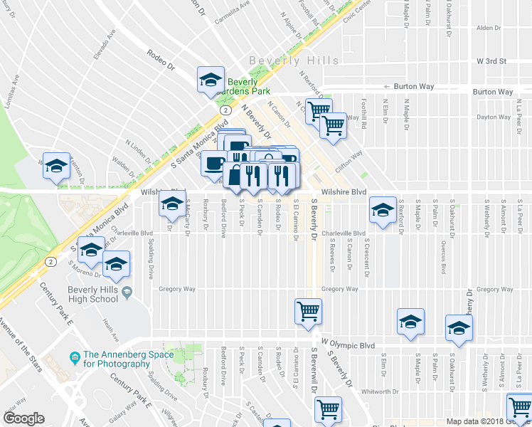 map of restaurants, bars, coffee shops, grocery stores, and more near 128 South Camden Drive in Beverly Hills