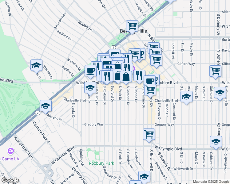 map of restaurants, bars, coffee shops, grocery stores, and more near 125 South Peck Drive in Beverly Hills
