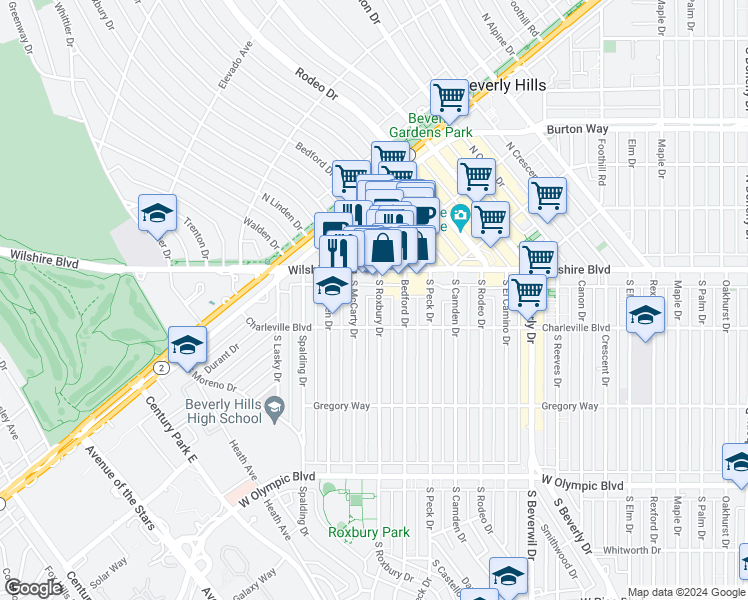 map of restaurants, bars, coffee shops, grocery stores, and more near 96 South Roxbury Drive in Beverly Hills