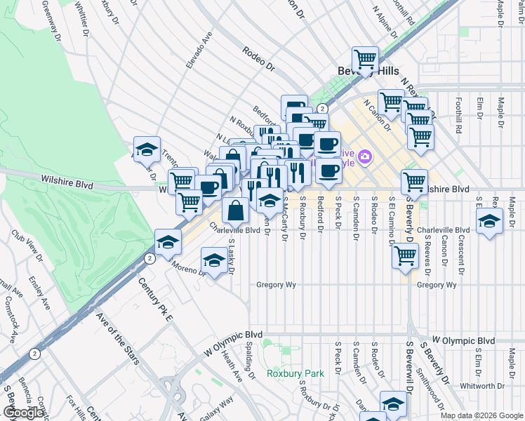 map of restaurants, bars, coffee shops, grocery stores, and more near 120 South Spalding Drive in Beverly Hills