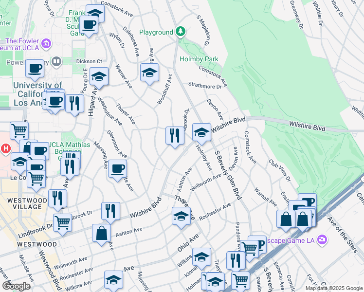 map of restaurants, bars, coffee shops, grocery stores, and more near 10433 Wilshire Boulevard in Los Angeles