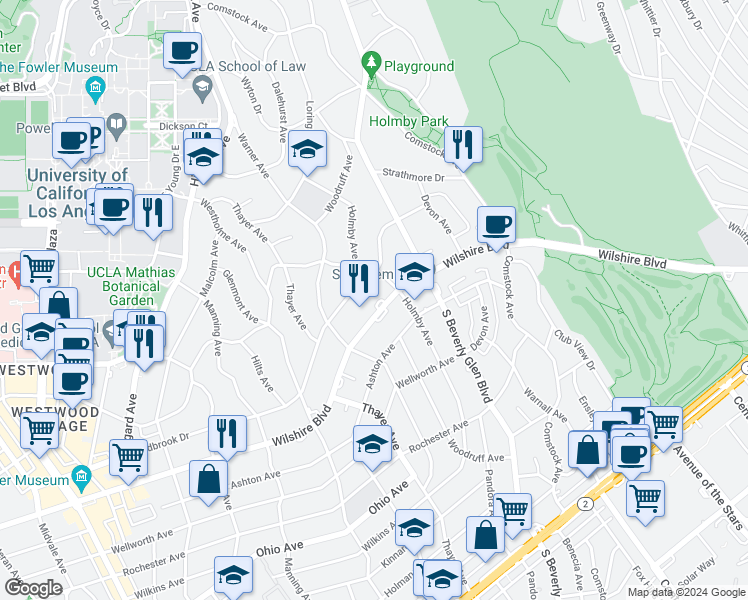 map of restaurants, bars, coffee shops, grocery stores, and more near 10445 Wilshire Boulevard in Los Angeles