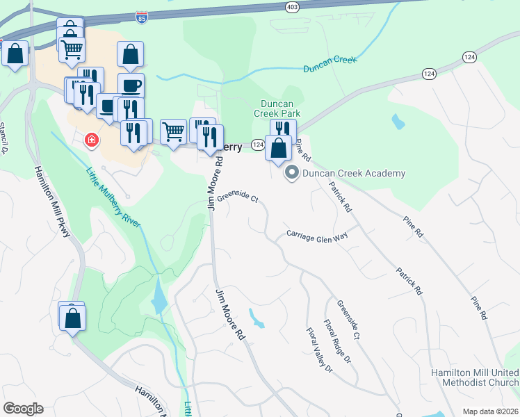 map of restaurants, bars, coffee shops, grocery stores, and more near 3595 Greenside Court in Dacula