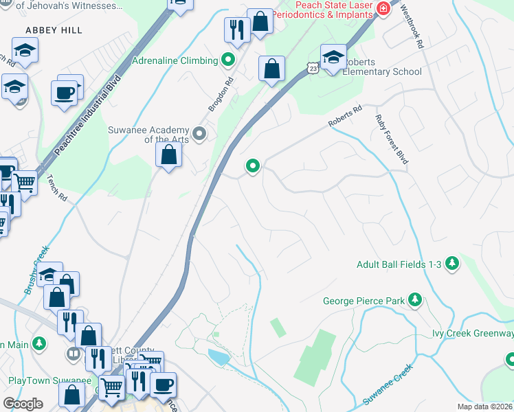 map of restaurants, bars, coffee shops, grocery stores, and more near 4125 Cherry Ridge Walk in Suwanee