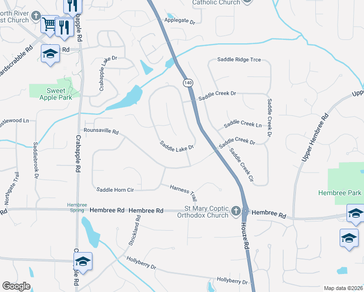 map of restaurants, bars, coffee shops, grocery stores, and more near 400 Saddle Lake Drive in Roswell