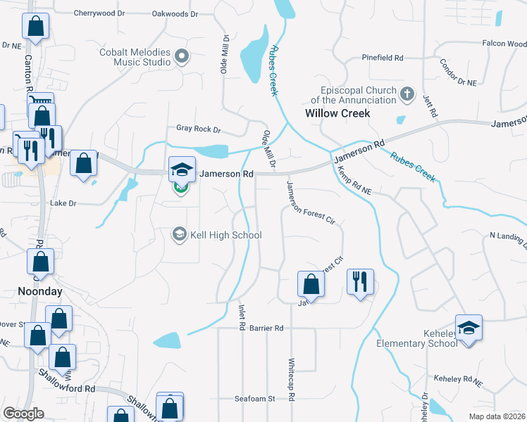 map of restaurants, bars, coffee shops, grocery stores, and more near 4740 Jamerson Forest Parkway in Marietta