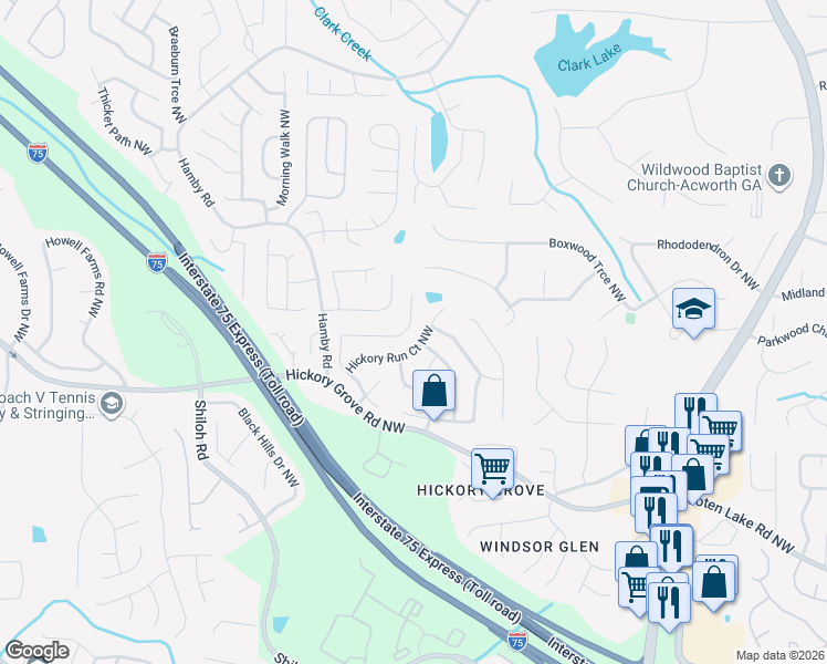 map of restaurants, bars, coffee shops, grocery stores, and more near 1854 Hickory Creek Court Northwest in Acworth