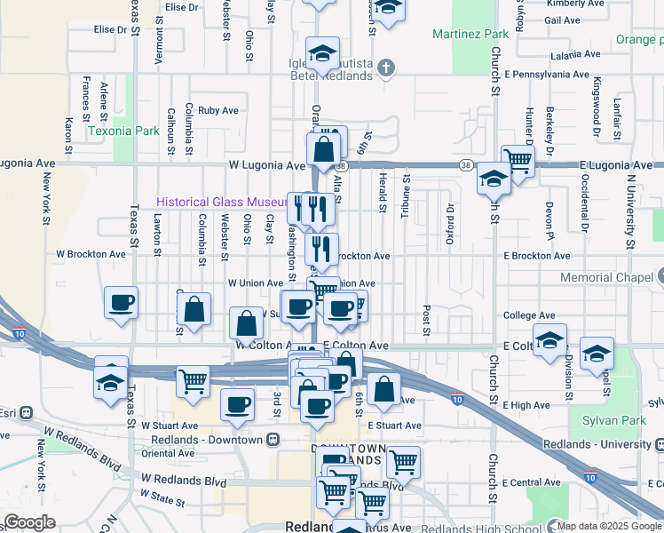 map of restaurants, bars, coffee shops, grocery stores, and more near 1015 Alta Street in Redlands