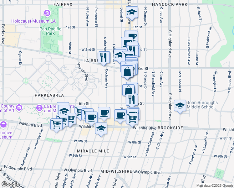 map of restaurants, bars, coffee shops, grocery stores, and more near 430 South Cloverdale Avenue in Los Angeles