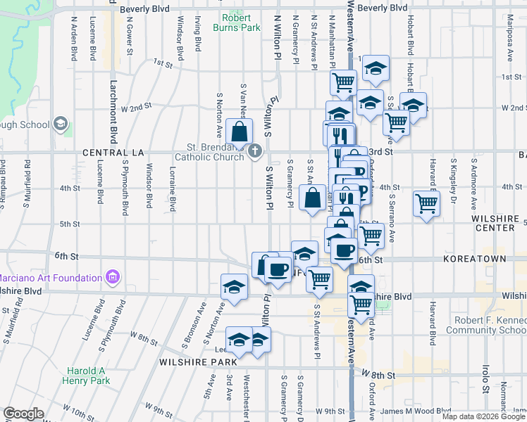 map of restaurants, bars, coffee shops, grocery stores, and more near 443 South Wilton Place in Los Angeles