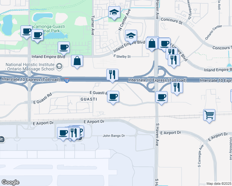 map of restaurants, bars, coffee shops, grocery stores, and more near 3237 East Guasti Road in Ontario