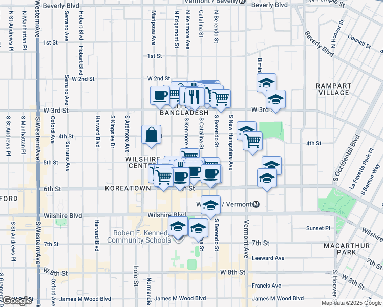map of restaurants, bars, coffee shops, grocery stores, and more near 425 South Catalina Street in Los Angeles