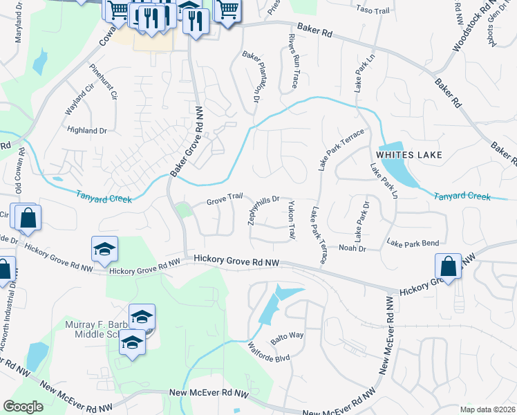 map of restaurants, bars, coffee shops, grocery stores, and more near 4232 Zephyrhills Drive in Acworth