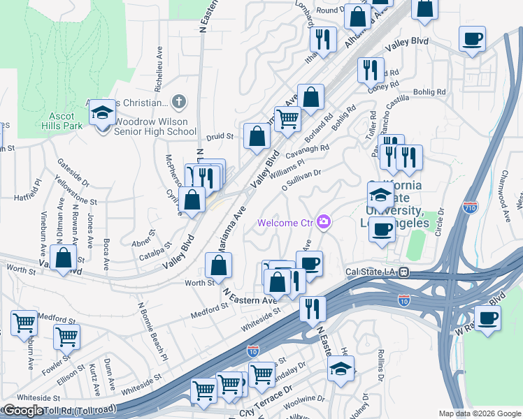 map of restaurants, bars, coffee shops, grocery stores, and more near 4907 O Sullivan Drive in Los Angeles