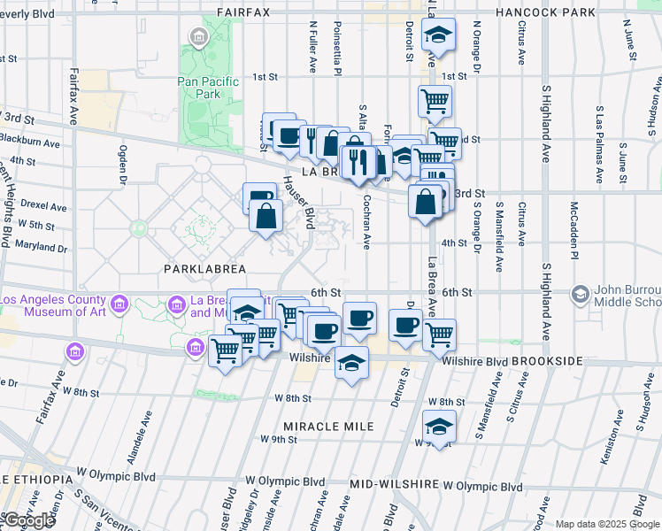 map of restaurants, bars, coffee shops, grocery stores, and more near 520 South Burnside Avenue in Los Angeles
