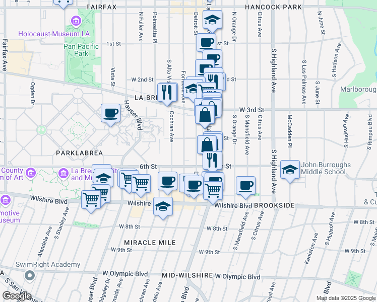 map of restaurants, bars, coffee shops, grocery stores, and more near 430 South Cloverdale Avenue in Los Angeles