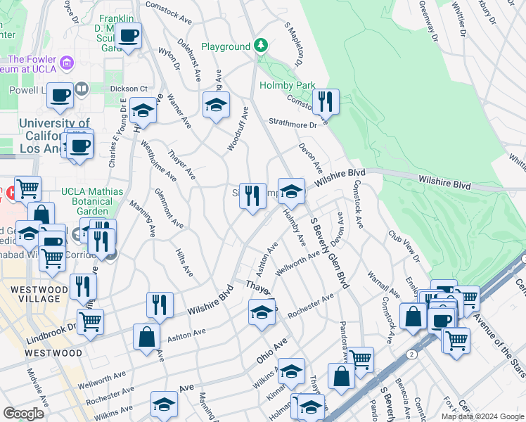 map of restaurants, bars, coffee shops, grocery stores, and more near 10445 Wilshire Boulevard in Los Angeles