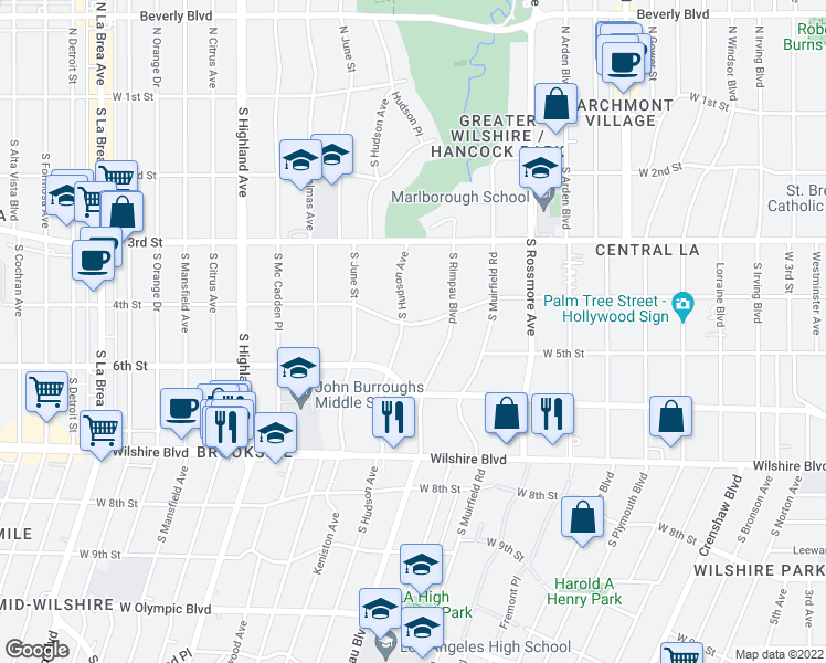 map of restaurants, bars, coffee shops, grocery stores, and more near 400 South Hudson Avenue in Los Angeles