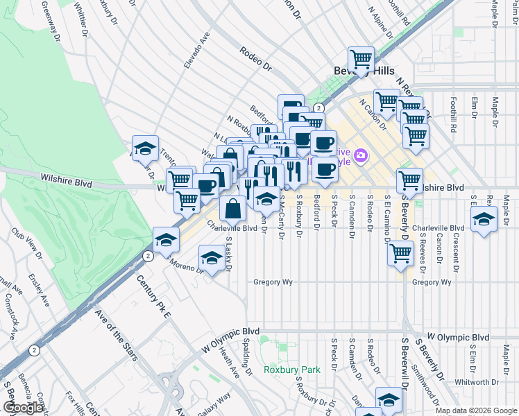 map of restaurants, bars, coffee shops, grocery stores, and more near 120 South Spalding Drive in Beverly Hills