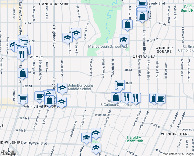 map of restaurants, bars, coffee shops, grocery stores, and more near 2 West 4th Street in Los Angeles