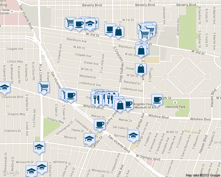 map of restaurants, bars, coffee shops, grocery stores, and more near 6336 Lindenhurst Avenue in Los Angeles