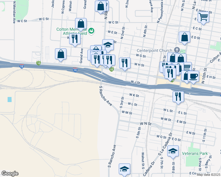 map of restaurants, bars, coffee shops, grocery stores, and more near 725 West K Street in Colton