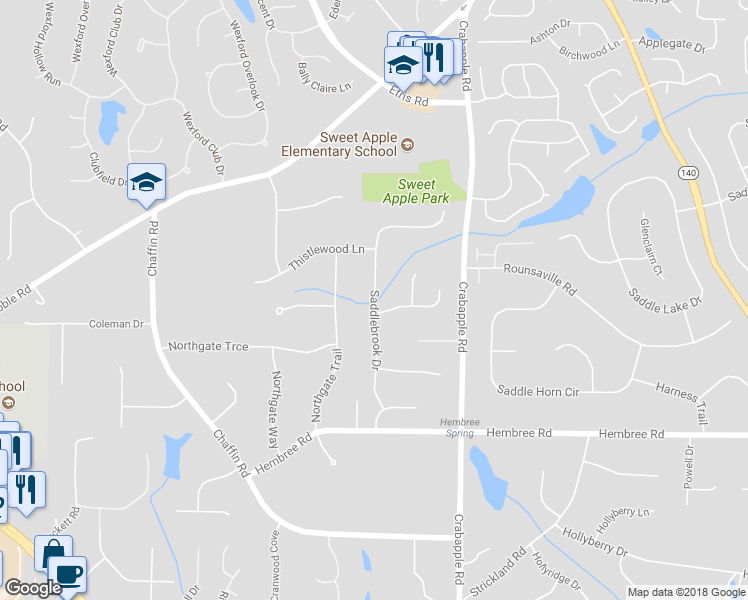 map of restaurants, bars, coffee shops, grocery stores, and more near 398 Saddlebrook Drive in Roswell