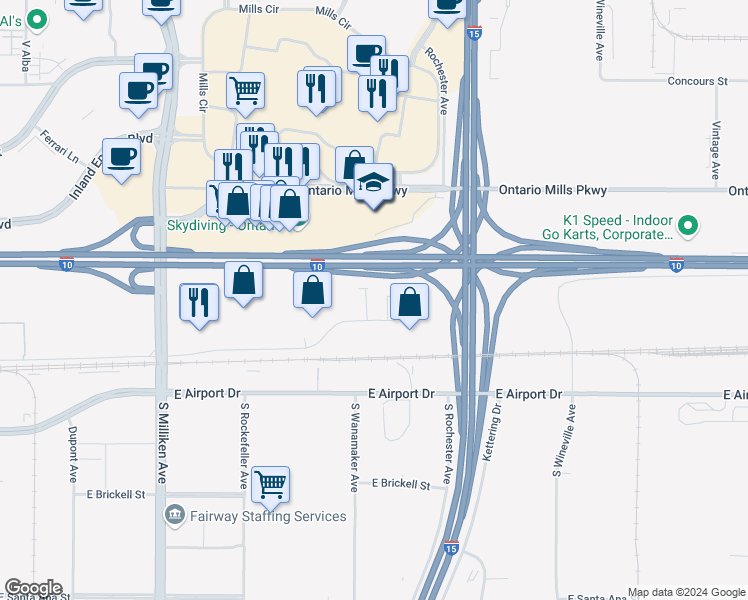 map of restaurants, bars, coffee shops, grocery stores, and more near 4663 East Guasti Road in Ontario